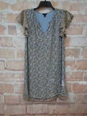 Ann Taylor Light Blue Floral Ruffle-Sleeve Dress